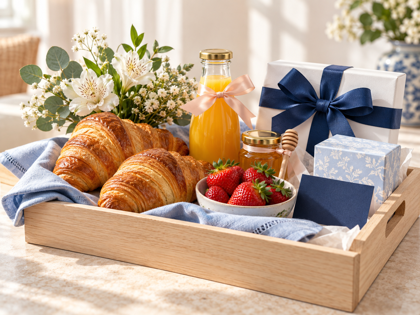 Desayuno de regalo presentado con flores y un lazo azul, fotografía de inspiración