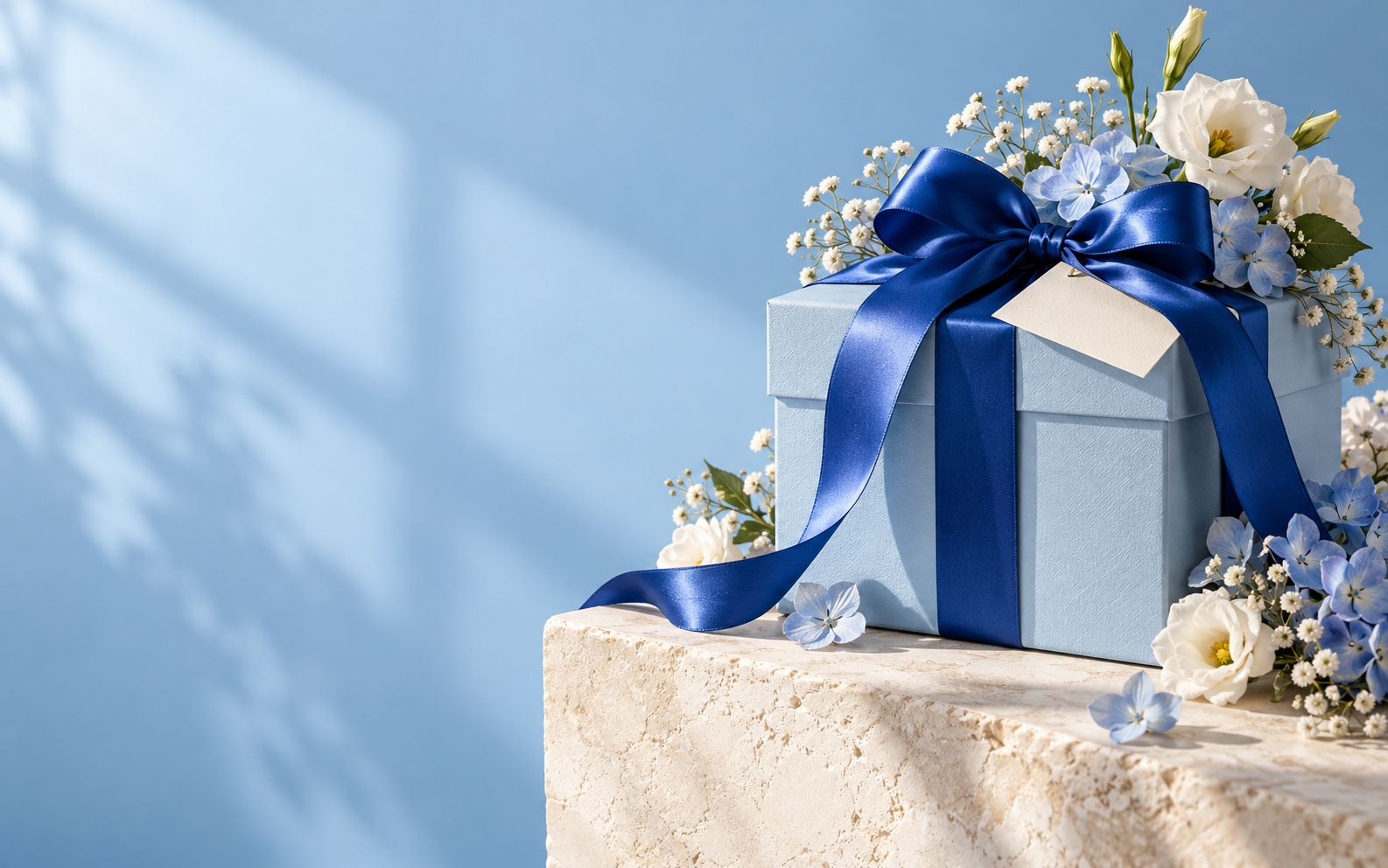 Caja celeste con lazo azul y flores, fotografía de inspiración