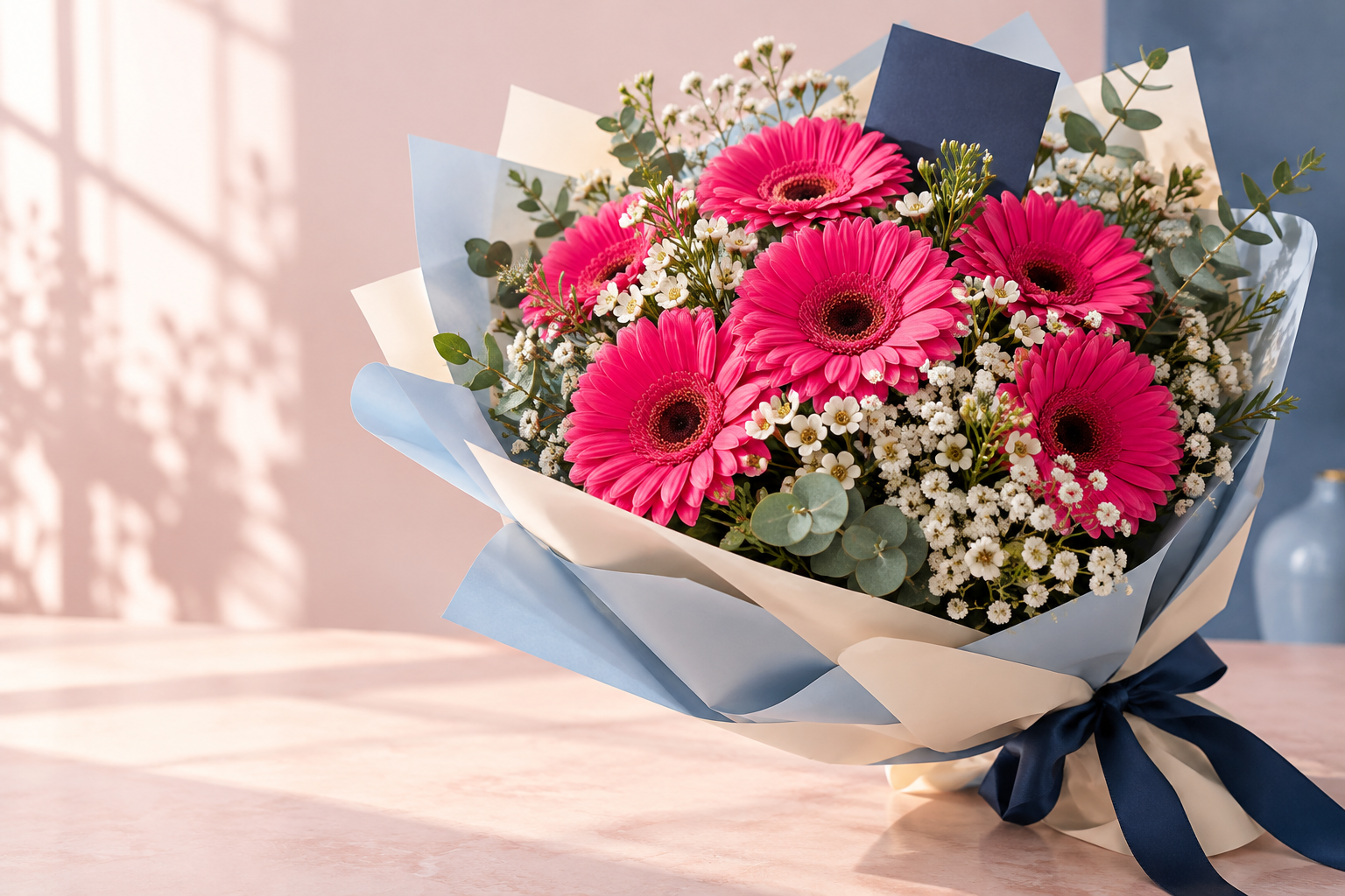 Ramo de gerberas rosadas y flores blancas en envoltura azul, fotografía de inspiración para Azul